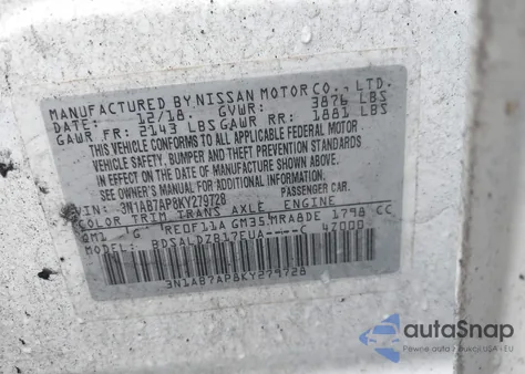 2019 Nissan Sentra Sv from USA, damaged, VIN 3N1AB7AP8KY279728